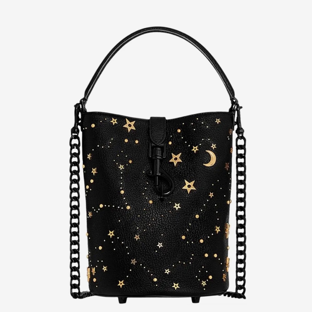 Rebecca Minkoff Black Edie Celestial Bucket Tote Gold Stars